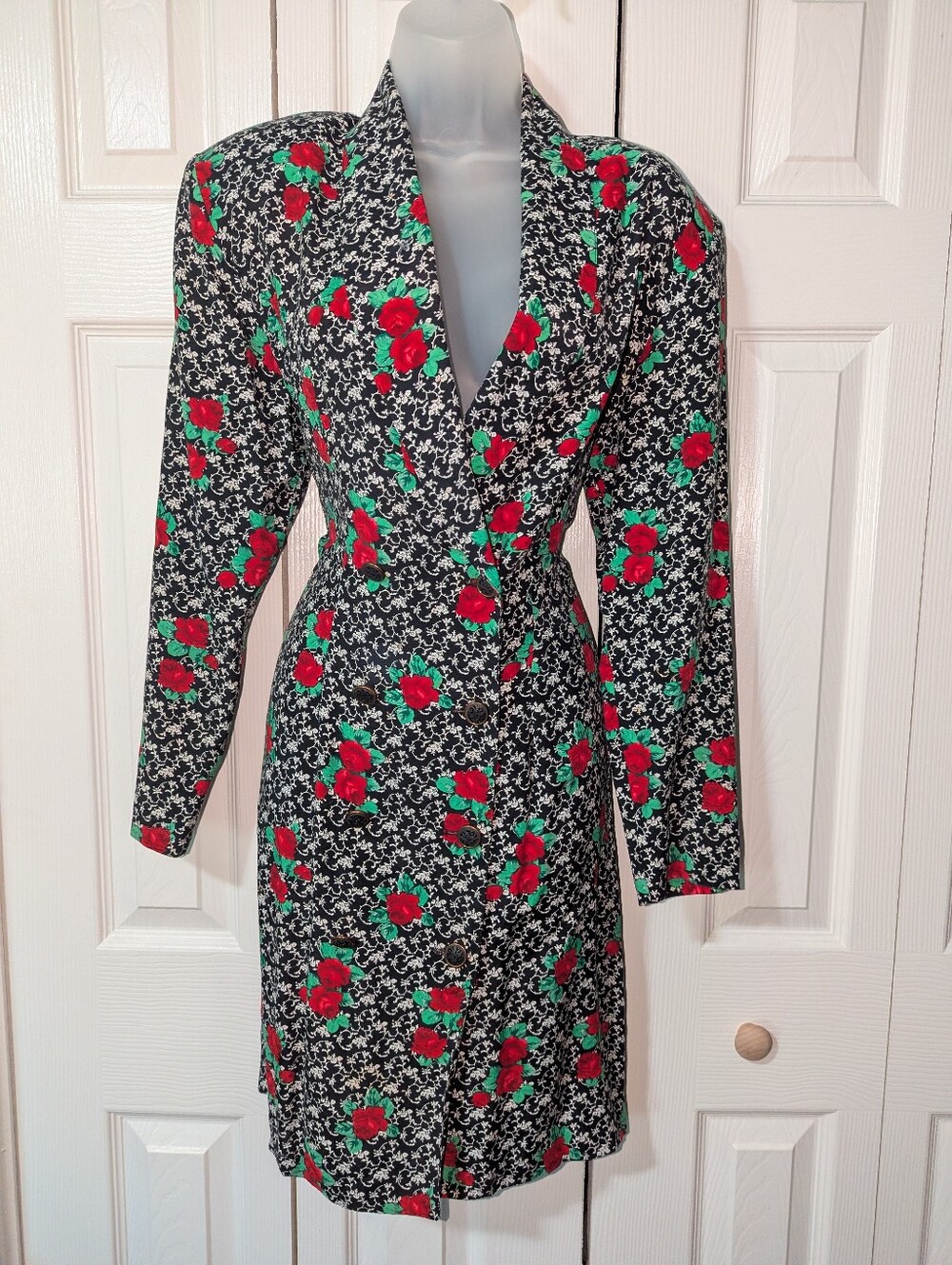 Vintage Black Button-Front Blazer Dress w/Red Roses Size 11 #456